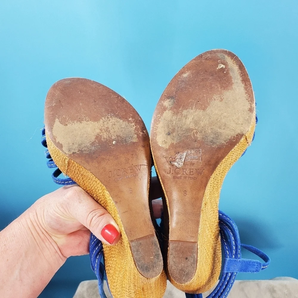 J.Crew blue suede strappy wedge heels 8